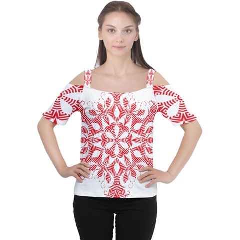 Red Pattern Filigree Snowflake On White Women s Cutout Shoulder Tee by Amaryn4rt