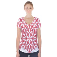 Red Pattern Filigree Snowflake On White Short Sleeve Front Detail Top by Amaryn4rt