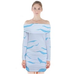 Blue Tiger Animal Pattern Digital Long Sleeve Off Shoulder Dress by Amaryn4rt