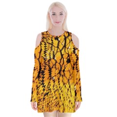 Yellow Chevron Zigzag Pattern Velvet Long Sleeve Shoulder Cutout Dress