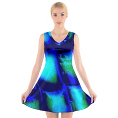 Blue Scales Pattern Background V-neck Sleeveless Skater Dress
