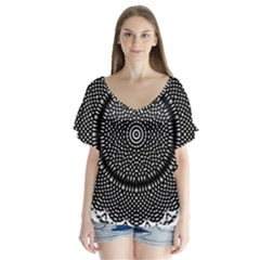 Black Lace Kaleidoscope On White Flutter Sleeve Top