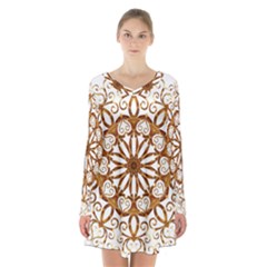 Golden Filigree Flake On White Long Sleeve Velvet V-neck Dress by Amaryn4rt