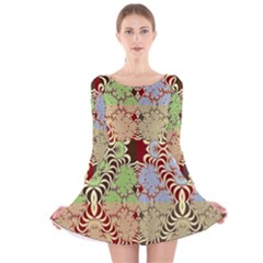 Multicolor Fractal Background Long Sleeve Velvet Skater Dress