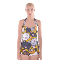 Cats Pattern Boyleg Halter Swimsuit  by Valentinaart