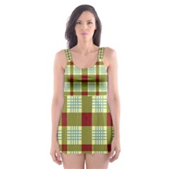 Geometric Tartan Pattern Square Skater Dress Swimsuit by Amaryn4rt