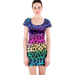 Cheetah Neon Rainbow Animal Short Sleeve Bodycon Dress by Alisyart