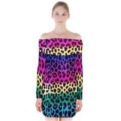 Cheetah Neon Rainbow Animal Long Sleeve Off Shoulder Dress by Alisyart