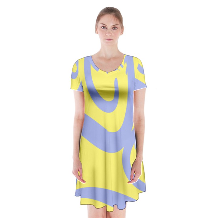 Doodle Shapes Large Waves Grey Yellow Chevron Short Sleeve V-neck Flare Dress