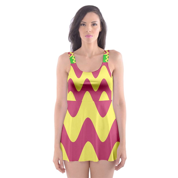 Easter Egg Shapes Large Wave Green Pink Blue Yellow Skater Dress Swimsuit