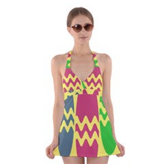 Easter Egg Shapes Large Wave Green Pink Blue Yellow Halter Swimsuit Dress