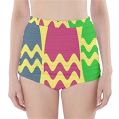 Easter Egg Shapes Large Wave Green Pink Blue Yellow High-waisted Bikini Bottoms