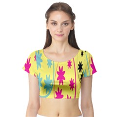 Easter Egg Shapes Large Wave Green Pink Blue Yellow Black Floral Star Short Sleeve Crop Top (tight Fit) by Alisyart