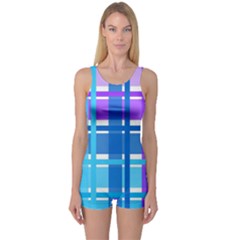 Gingham Pattern Blue Purple Shades Sheath One Piece Boyleg Swimsuit by Alisyart