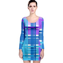 Gingham Pattern Blue Purple Shades Sheath Long Sleeve Bodycon Dress by Alisyart