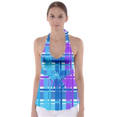 Gingham Pattern Blue Purple Shades Sheath Babydoll Tankini Top by Alisyart