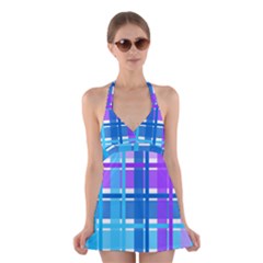 Gingham Pattern Blue Purple Shades Sheath Halter Swimsuit Dress by Alisyart