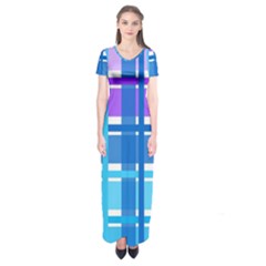 Gingham Pattern Blue Purple Shades Sheath Short Sleeve Maxi Dress
