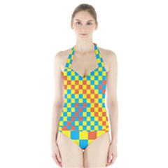 Optical Illusions Plaid Line Yellow Blue Red Flag Halter Swimsuit by Alisyart