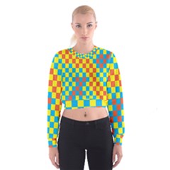 Optical Illusions Plaid Line Yellow Blue Red Flag Women s Cropped Sweatshirt by Alisyart