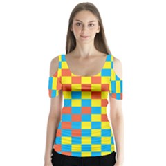 Optical Illusions Plaid Line Yellow Blue Red Flag Butterfly Sleeve Cutout Tee 