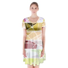 Geometric Mosaic Line Rainbow Short Sleeve V-neck Flare Dress