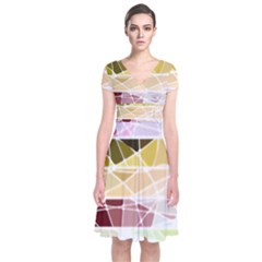 Geometric Mosaic Line Rainbow Short Sleeve Front Wrap Dress