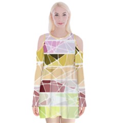Geometric Mosaic Line Rainbow Velvet Long Sleeve Shoulder Cutout Dress