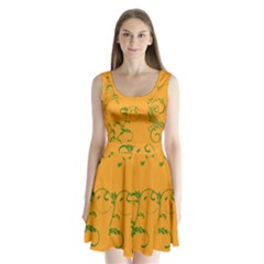 Nature Leaf Green Orange Split Back Mini Dress 