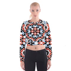 Oriental Star Plaid Triangle Red Black Blue White Women s Cropped Sweatshirt by Alisyart