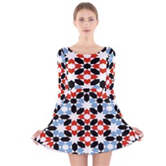 Oriental Star Plaid Triangle Red Black Blue White Long Sleeve Velvet Skater Dress