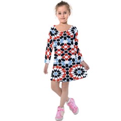 Oriental Star Plaid Triangle Red Black Blue White Kids  Long Sleeve Velvet Dress by Alisyart