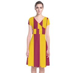 Red Yellow Flag Short Sleeve Front Wrap Dress