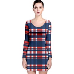 Plaid Red White Blue Long Sleeve Velvet Bodycon Dress by Alisyart