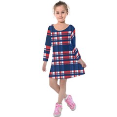 Plaid Red White Blue Kids  Long Sleeve Velvet Dress by Alisyart