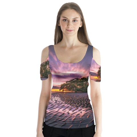 Landscape Reflection Waves Ripples Butterfly Sleeve Cutout Tee  by Amaryn4rt