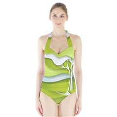 Tree Wood  White Green Halter Swimsuit by Alisyart