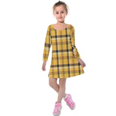 Plaid Yellow Line Kids  Long Sleeve Velvet Dress