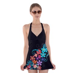 Coorful Flower Design On Black Background Halter Swimsuit Dress by GabriellaDavid