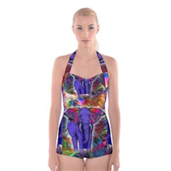 Abstract Elephant With Butterfly Ears Colorful Galaxy Boyleg Halter Swimsuit  by EDDArt