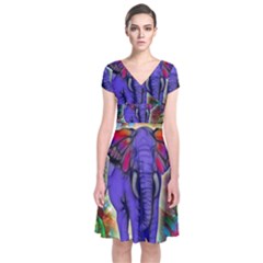 Abstract Elephant With Butterfly Ears Colorful Galaxy Short Sleeve Front Wrap Dress by EDDArt