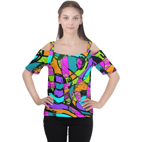 Abstract Art Squiggly Loops Multicolored Women s Cutout Shoulder Tee by EDDArt