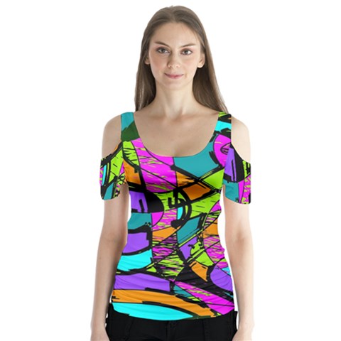 Abstract Art Squiggly Loops Multicolored Butterfly Sleeve Cutout Tee  by EDDArt