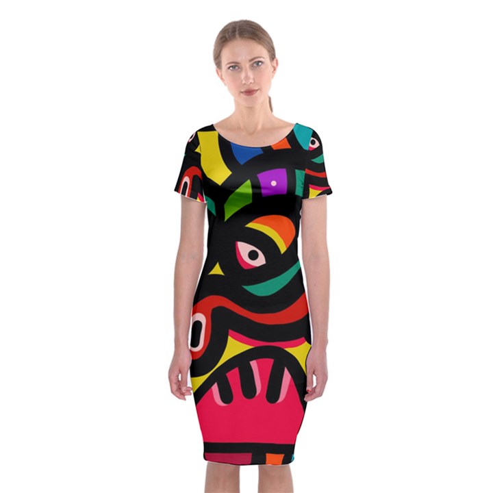 A Seamless Crazy Face Doodle Pattern Classic Short Sleeve Midi Dress