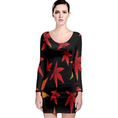 Colorful Autumn Leaves On Black Background Long Sleeve Bodycon Dress