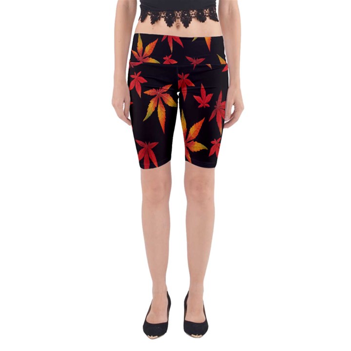 Colorful Autumn Leaves On Black Background Yoga Cropped Leggings