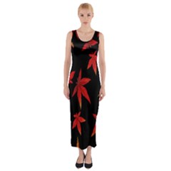 Colorful Autumn Leaves On Black Background Fitted Maxi Dress by Amaryn4rt