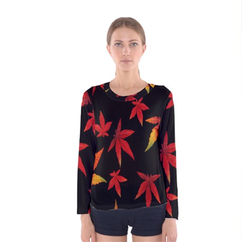Colorful Autumn Leaves On Black Background Women s Long Sleeve Tee by Amaryn4rt