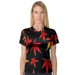 Colorful Autumn Leaves On Black Background Women s V-neck Sport Mesh Tee