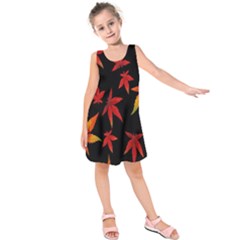 Colorful Autumn Leaves On Black Background Kids  Sleeveless Dress by Amaryn4rt